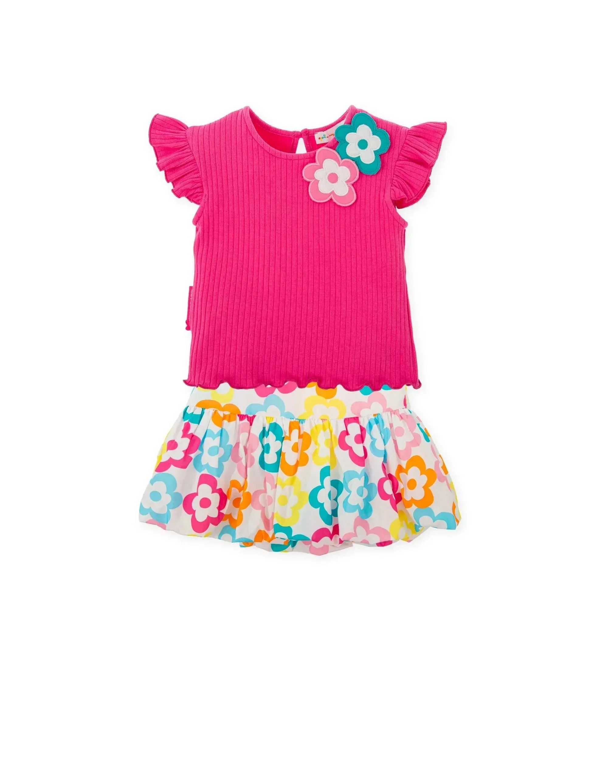 CONJUNTO CAMISETA FUCSIA+FALDA FLORES COLORES