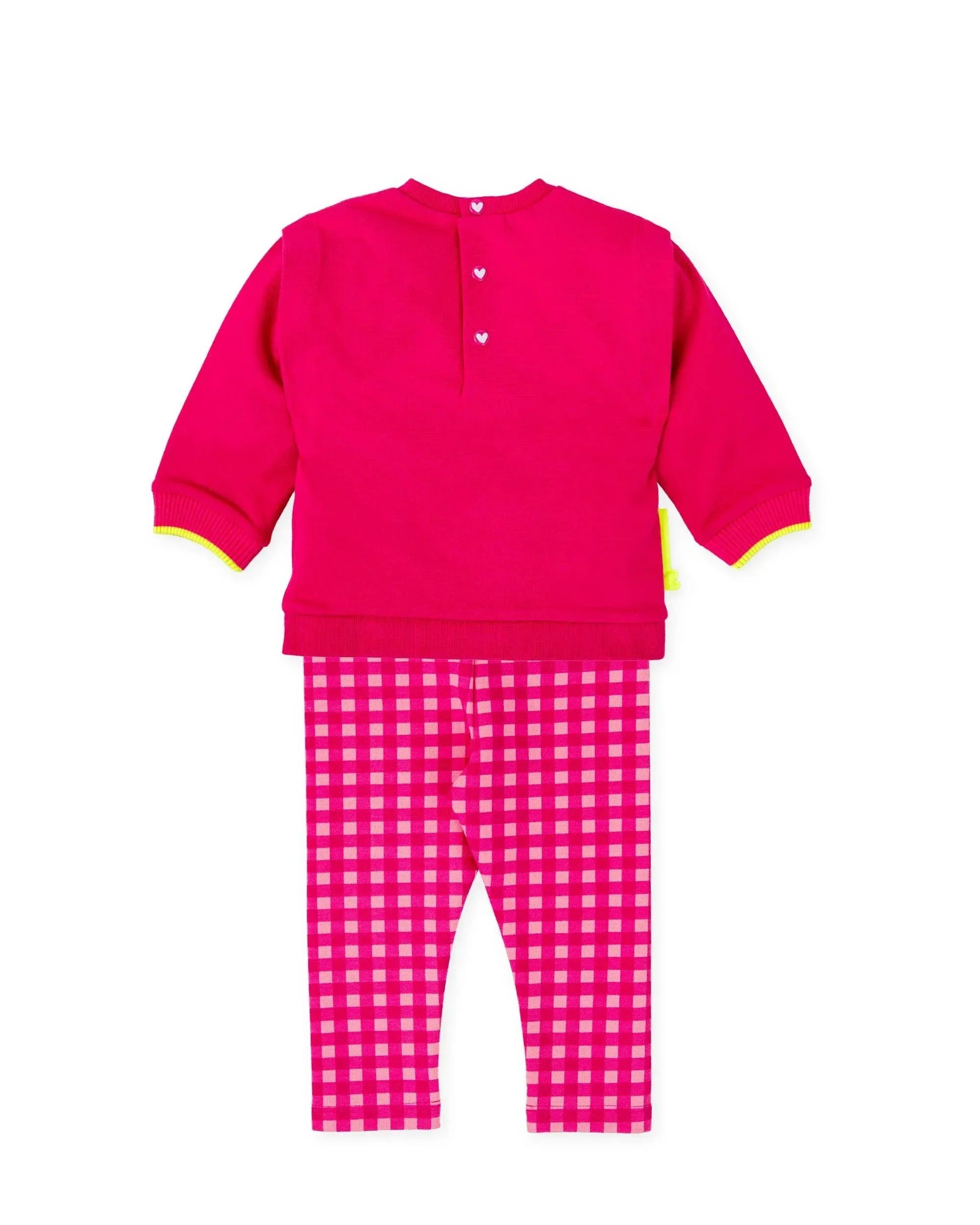 CONJUNTO SUDADERA CORAZÓN FLÚOR Y LEGGINS CUADROS FUCSIA - Image 3