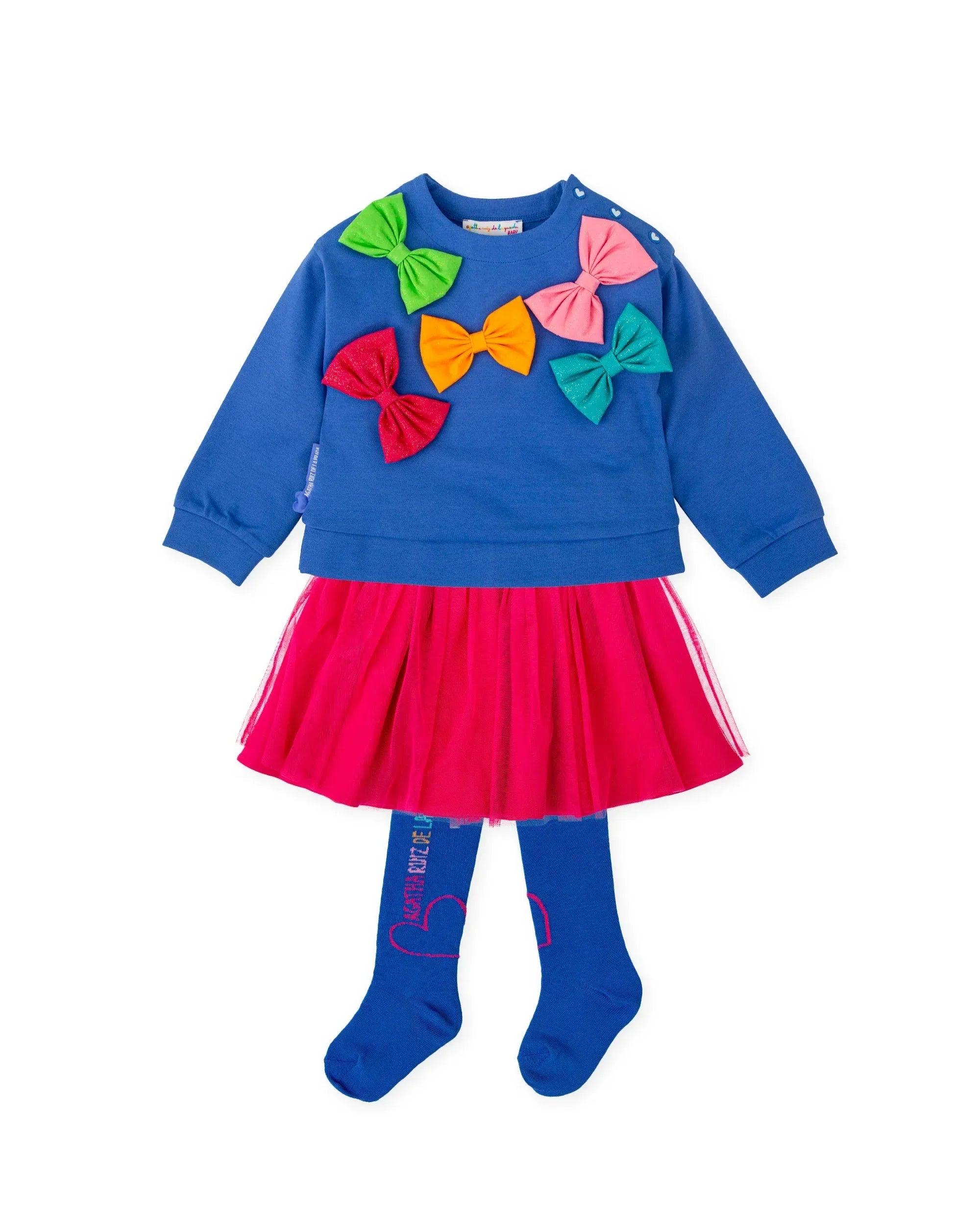 CONJUNTO SUDADERA LAZOS AZUL ELECTRICO Y FALDA FUSCIA CON LEOTARDOS