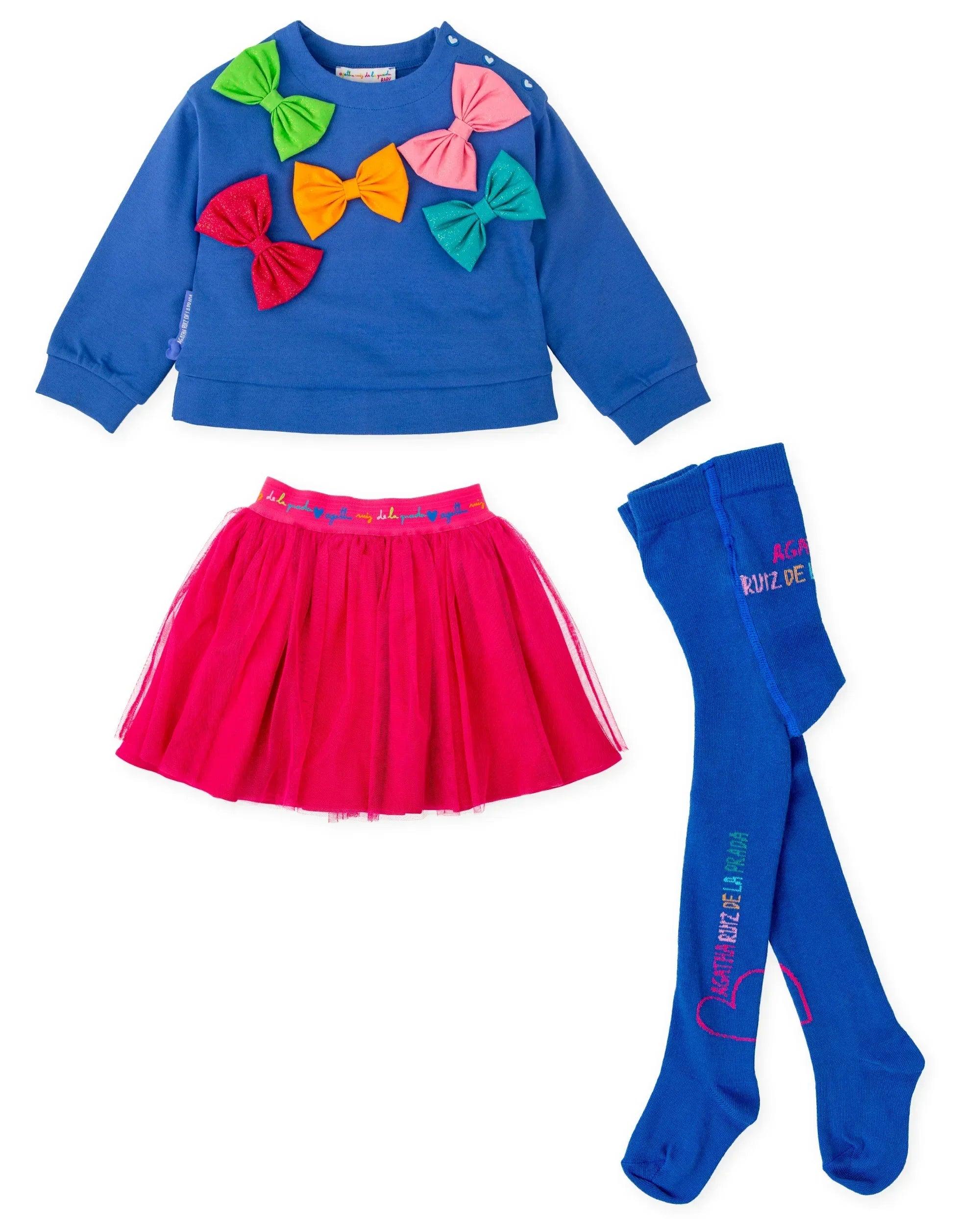CONJUNTO SUDADERA LAZOS AZUL ELECTRICO Y FALDA FUSCIA CON LEOTARDOS - Image 3