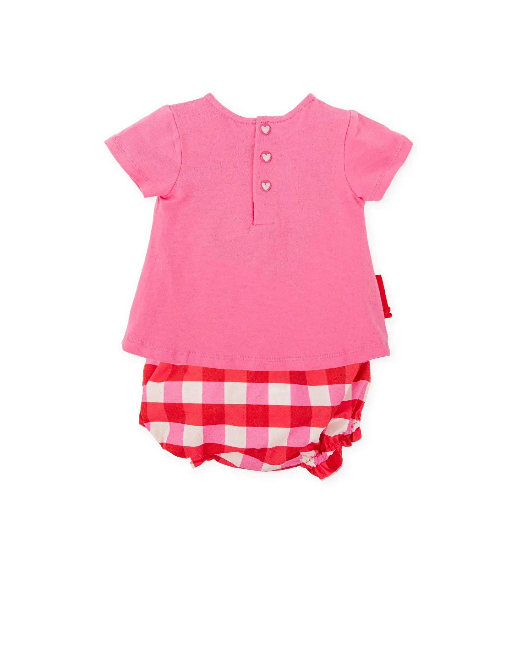 VESTIDO FUCSIA CON FLOR DE CUADROS DE VICHY Y BRAGUITA A JUEGO - Image 2